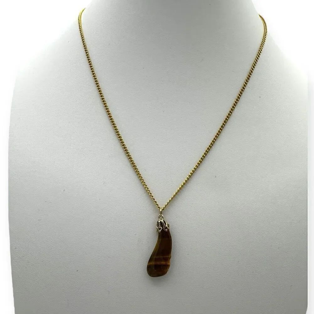 Handmade brown polished stone pendant necklace on a gold chain approx 18 inches